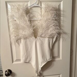 Creamy White Feather Trim Bodysuit, Blue B, NWOT